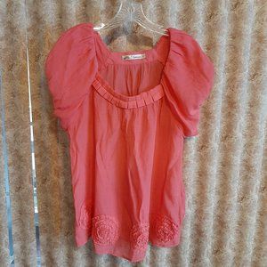 EUC Coral puff sleeve blouse by Solitaire size L